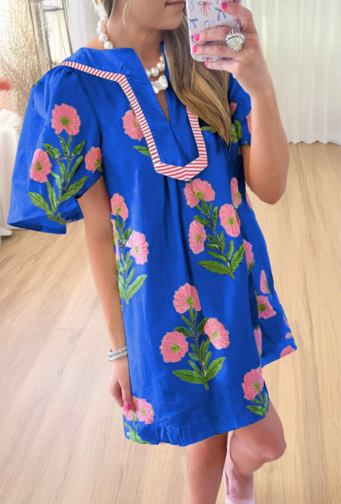 Blue striped Trim Short Sleeve Split Neck Floral Mini Dress