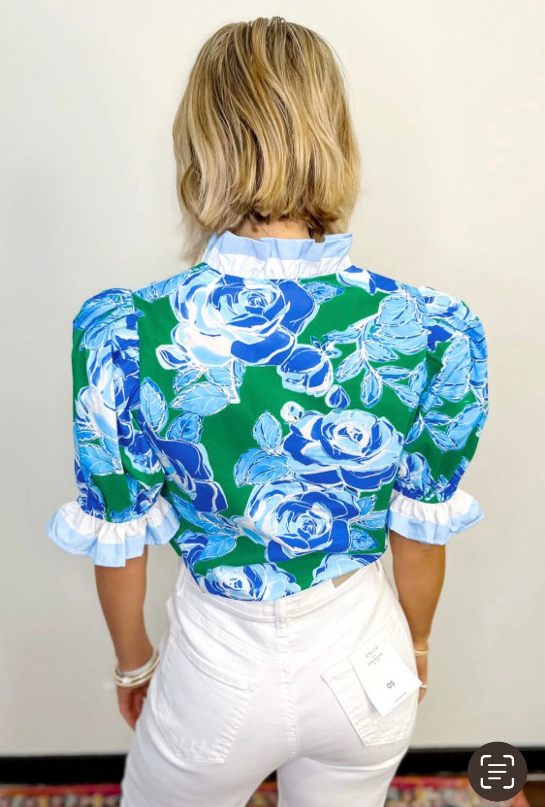 Bright Green Floral Print Ruffle Puff Sleeve Pop of Color Neckline Blouse