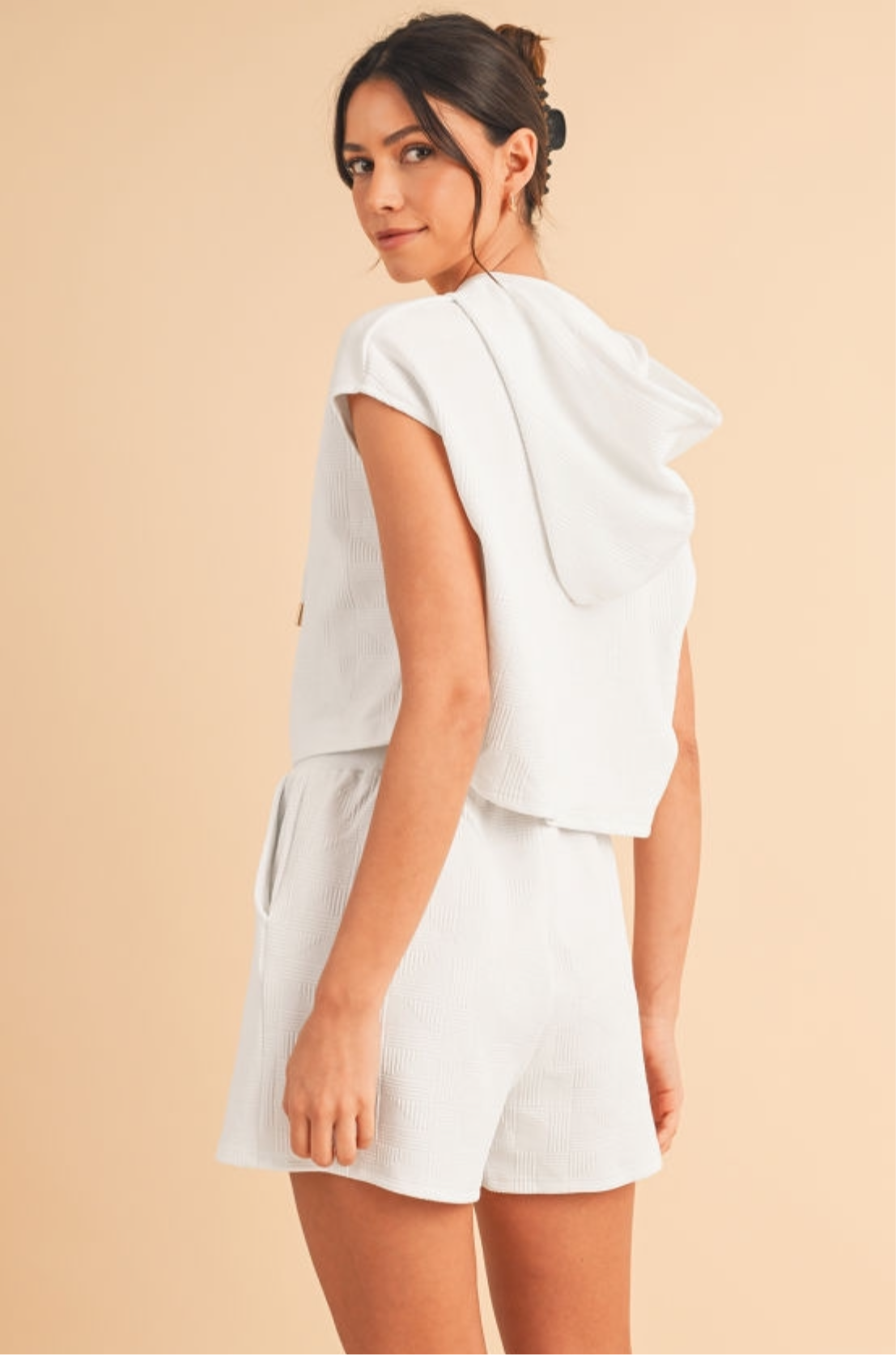 White Textured Cropped Hoodie & Pocketed Shorts Set.
