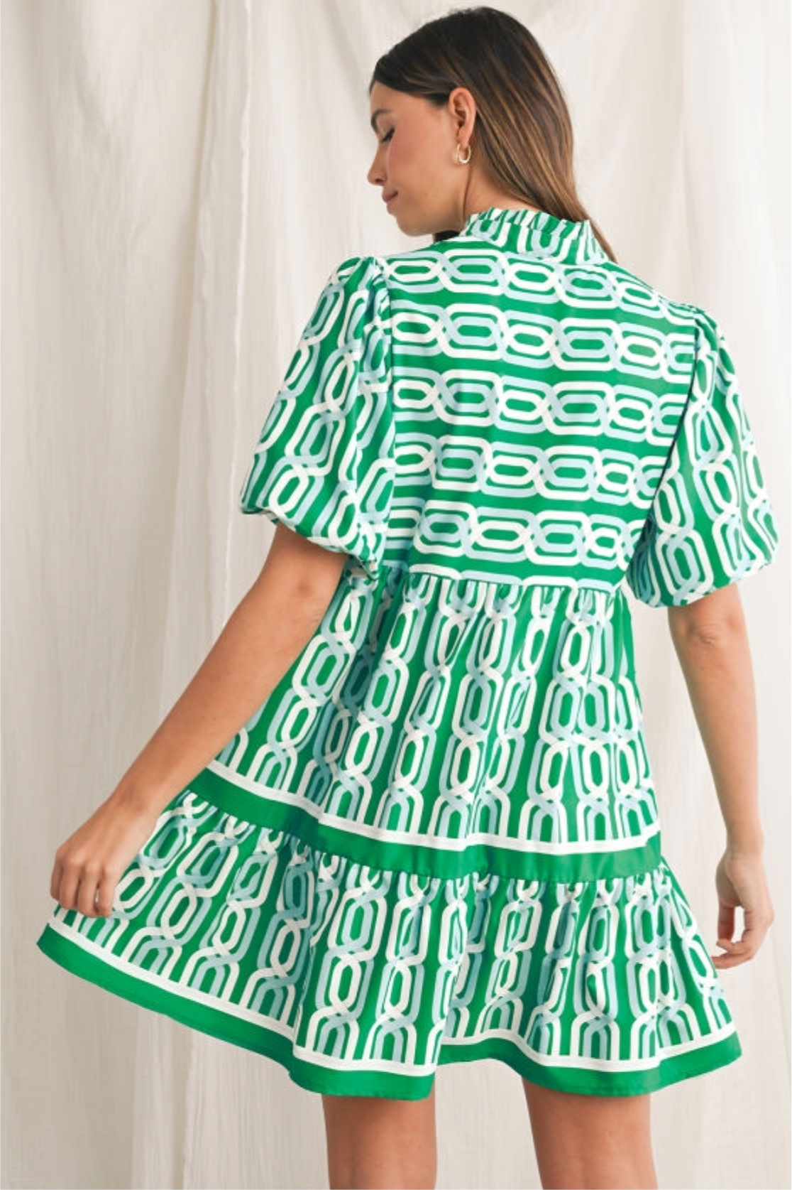 Bright Green Abstract Print Pop of Color Neckline Dress