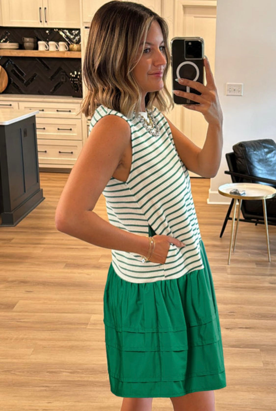 Green Striped Woven Ruffled Sleeveless Mini Dress
