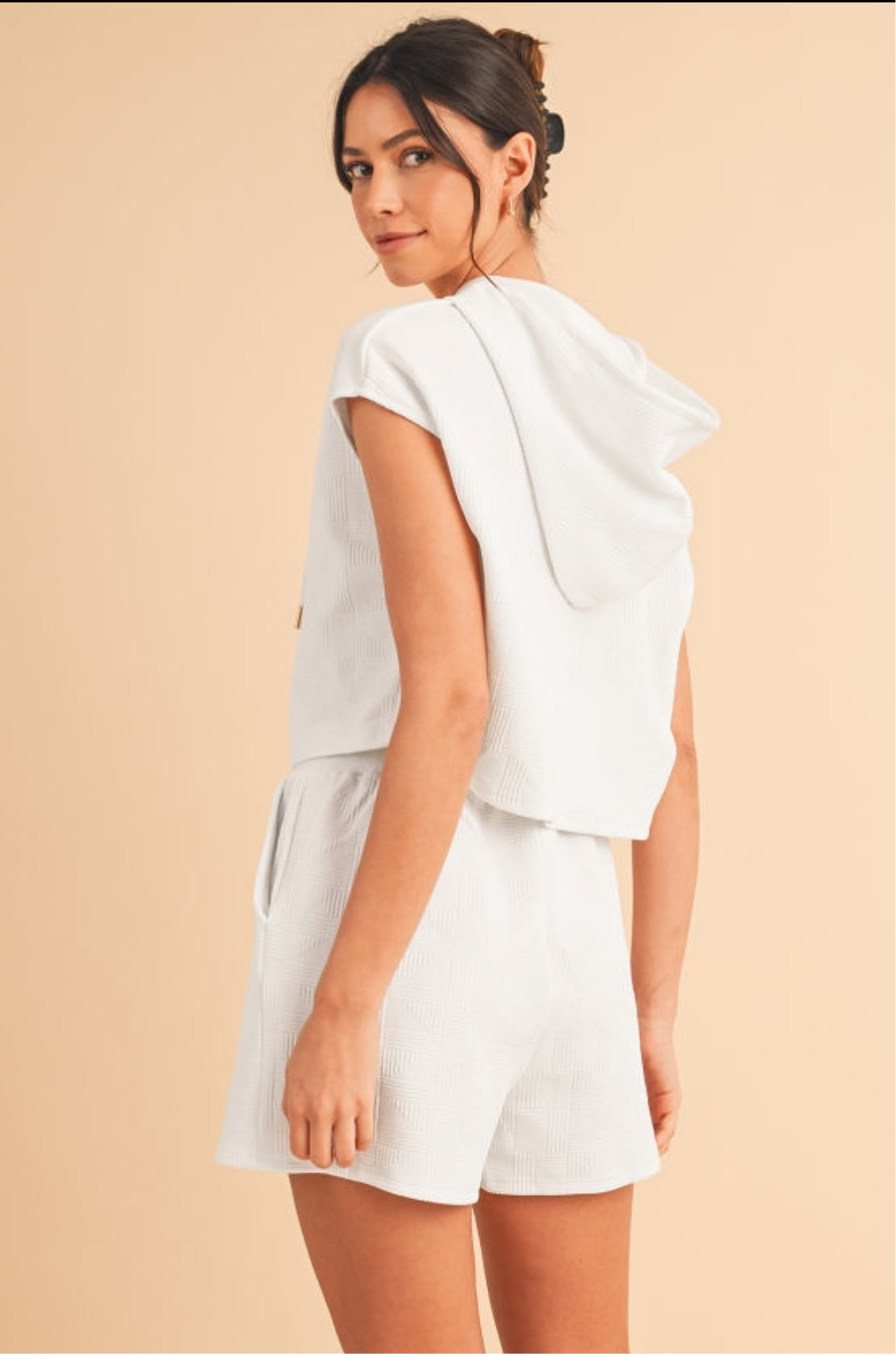 White Textured Cropped Hoodie & Pocketed Shorts Set.