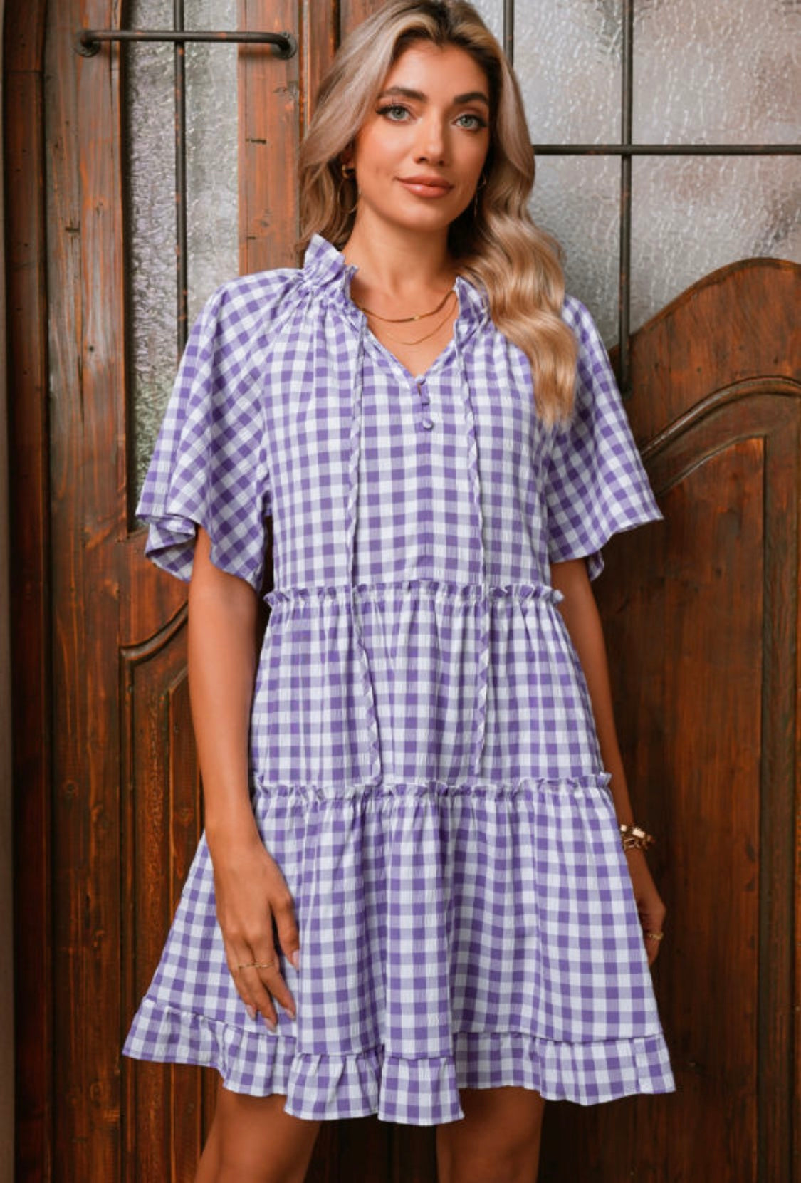 Lavender Plaid Frill Tiered Mini Dress