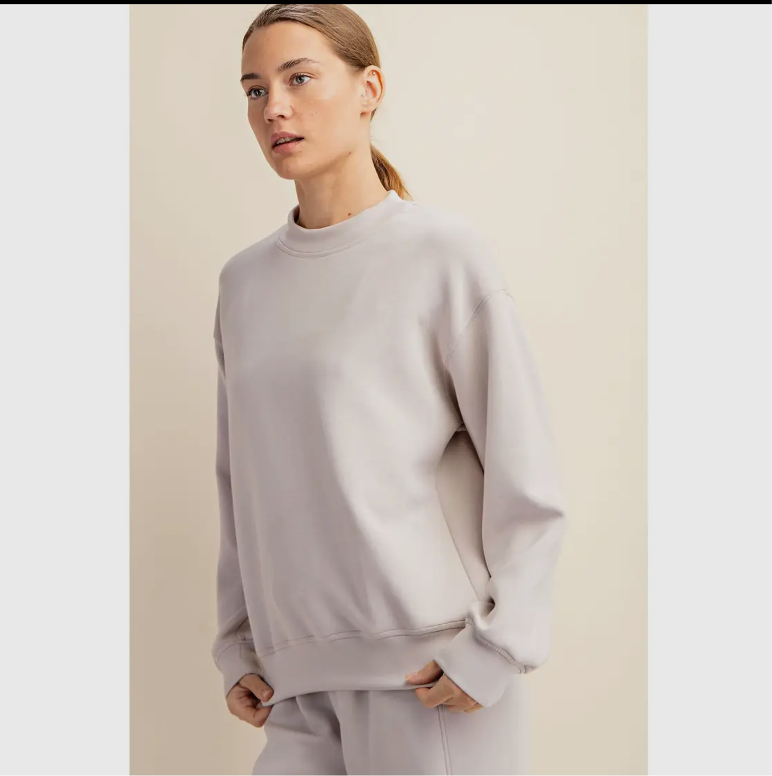 Mocha Cream Poly Span Scuba Set. Mock Neck pullover with Pintuck Pants.