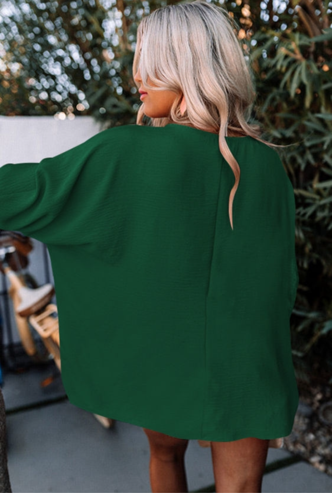 Green Shirred Cuffs Half Sleeve Blouse