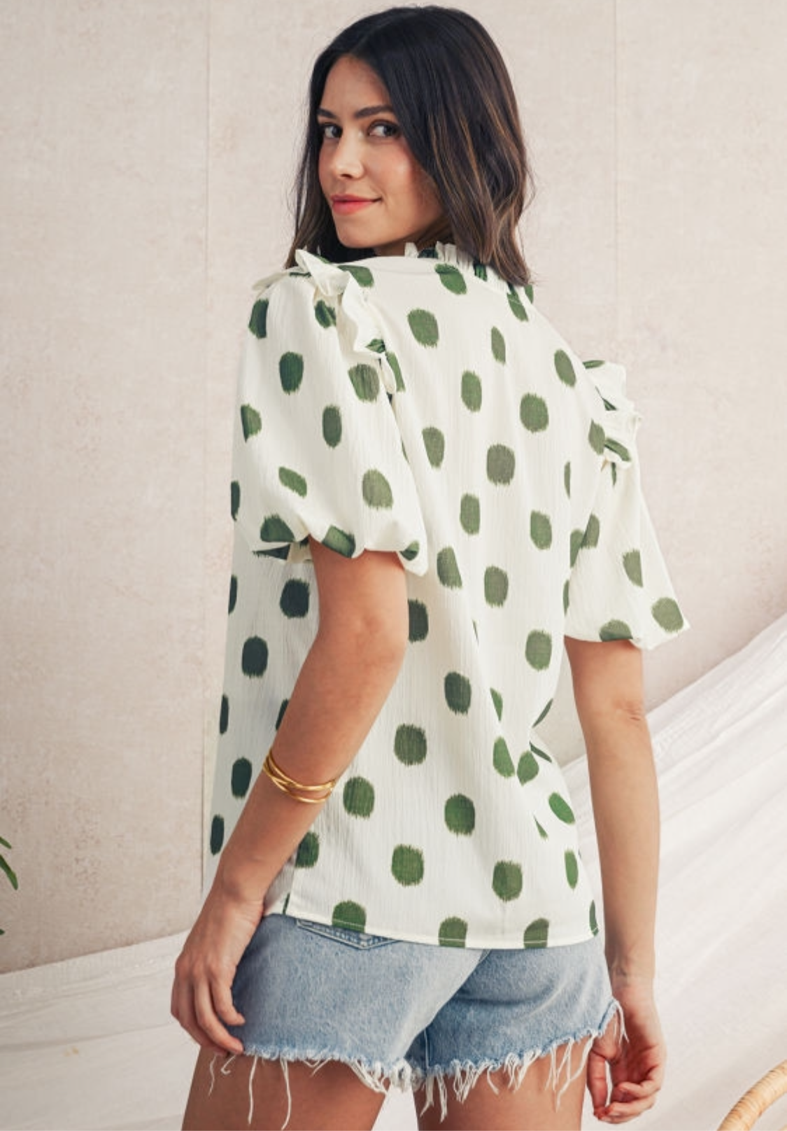 Apricot Polka Dot Print Smoked Notched Neck Blouse