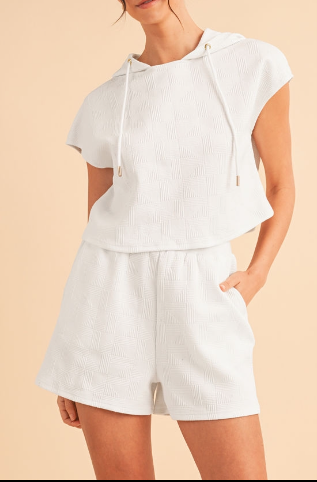 White Textured Cropped Hoodie & Pocketed Shorts Set.