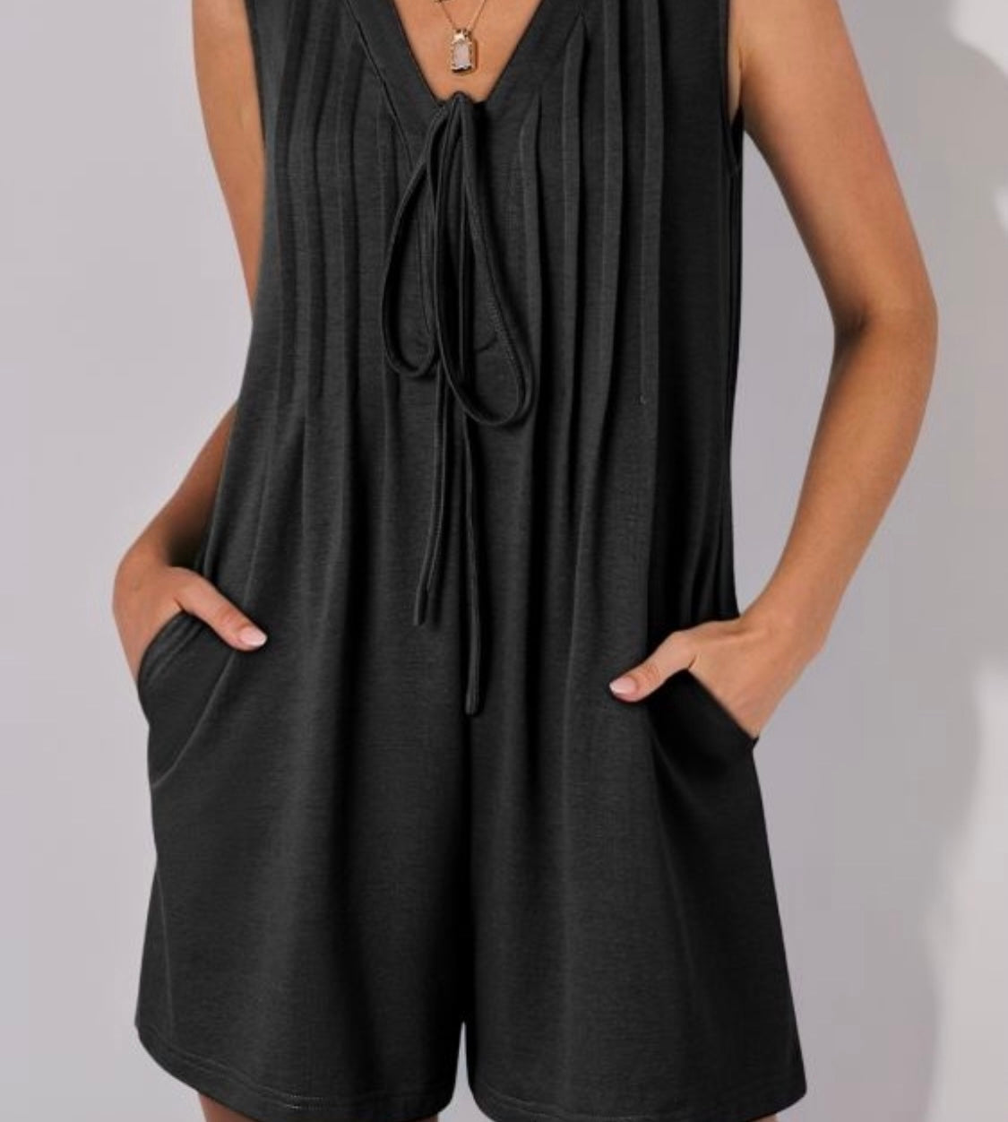 Black Tie V Neck Pleated Sleeveless Loose Romper