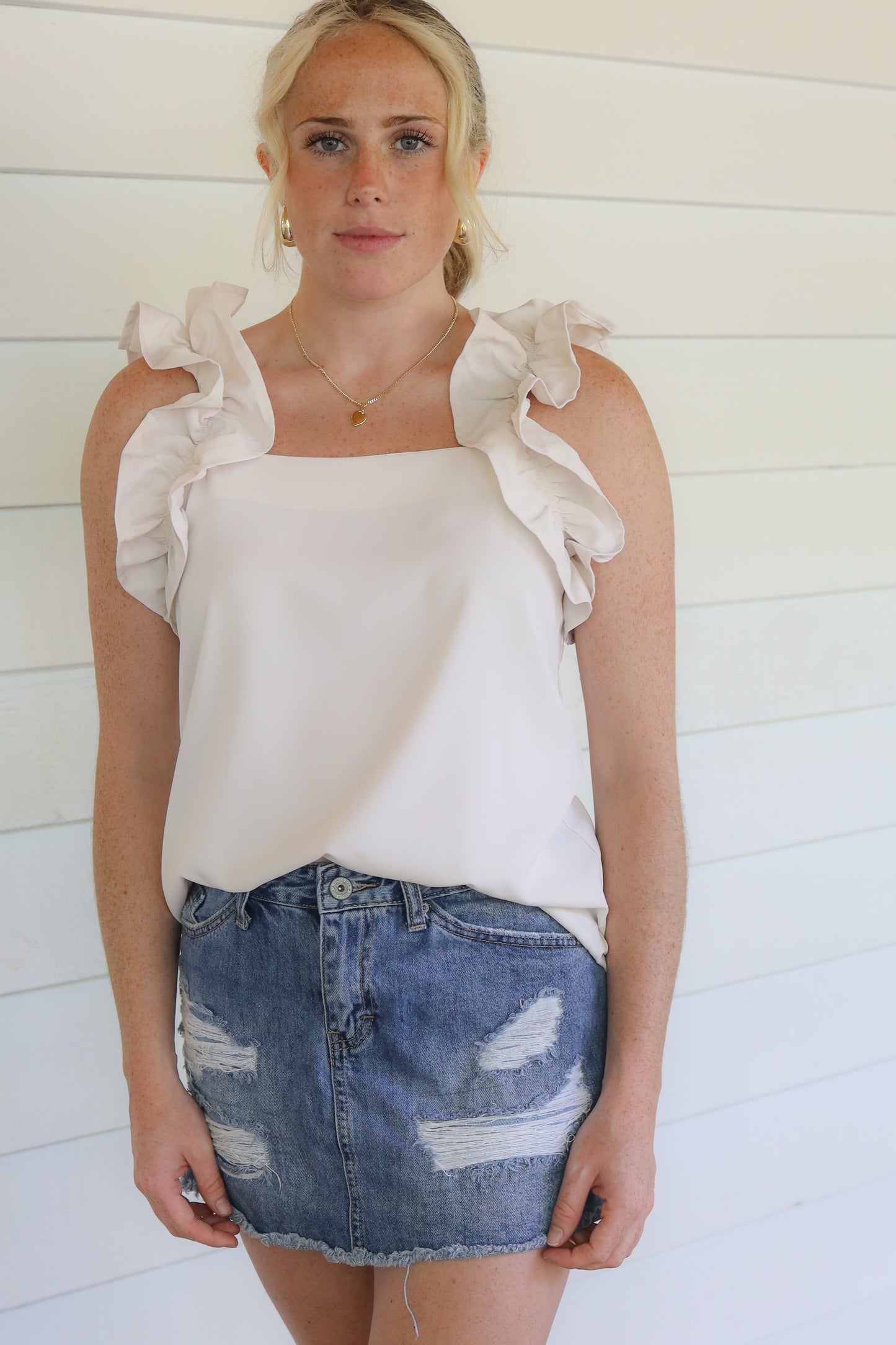 Oatmeal Ruffle Sleeve Blouse