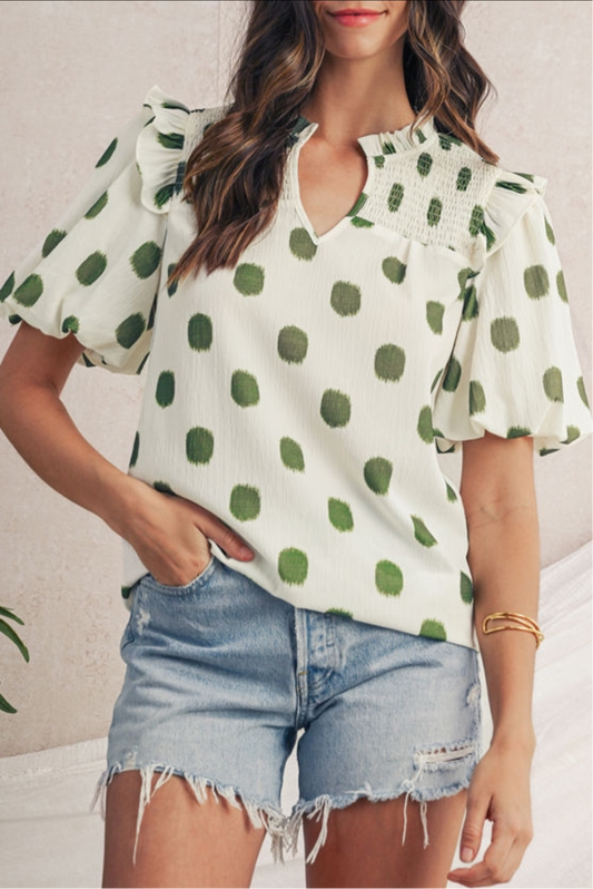 Apricot Polka Dot Print Smoked Notched Neck Blouse