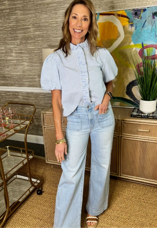 Beau Blue Striped bubble Sleeve Ruffle Shirt