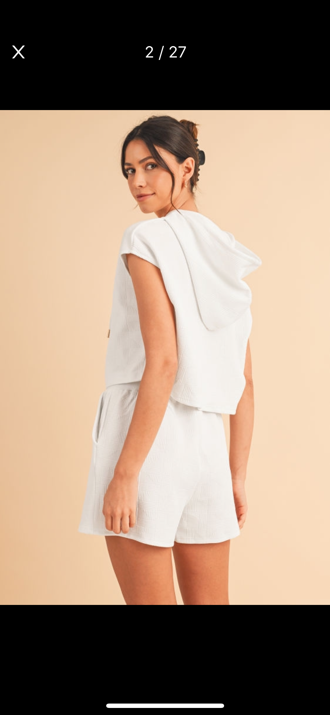White Textured Cropped Hoodie & Pocketed Shorts Set.