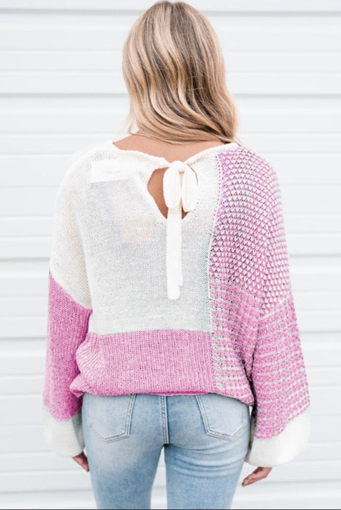 Pink and White Bow Back Sweater