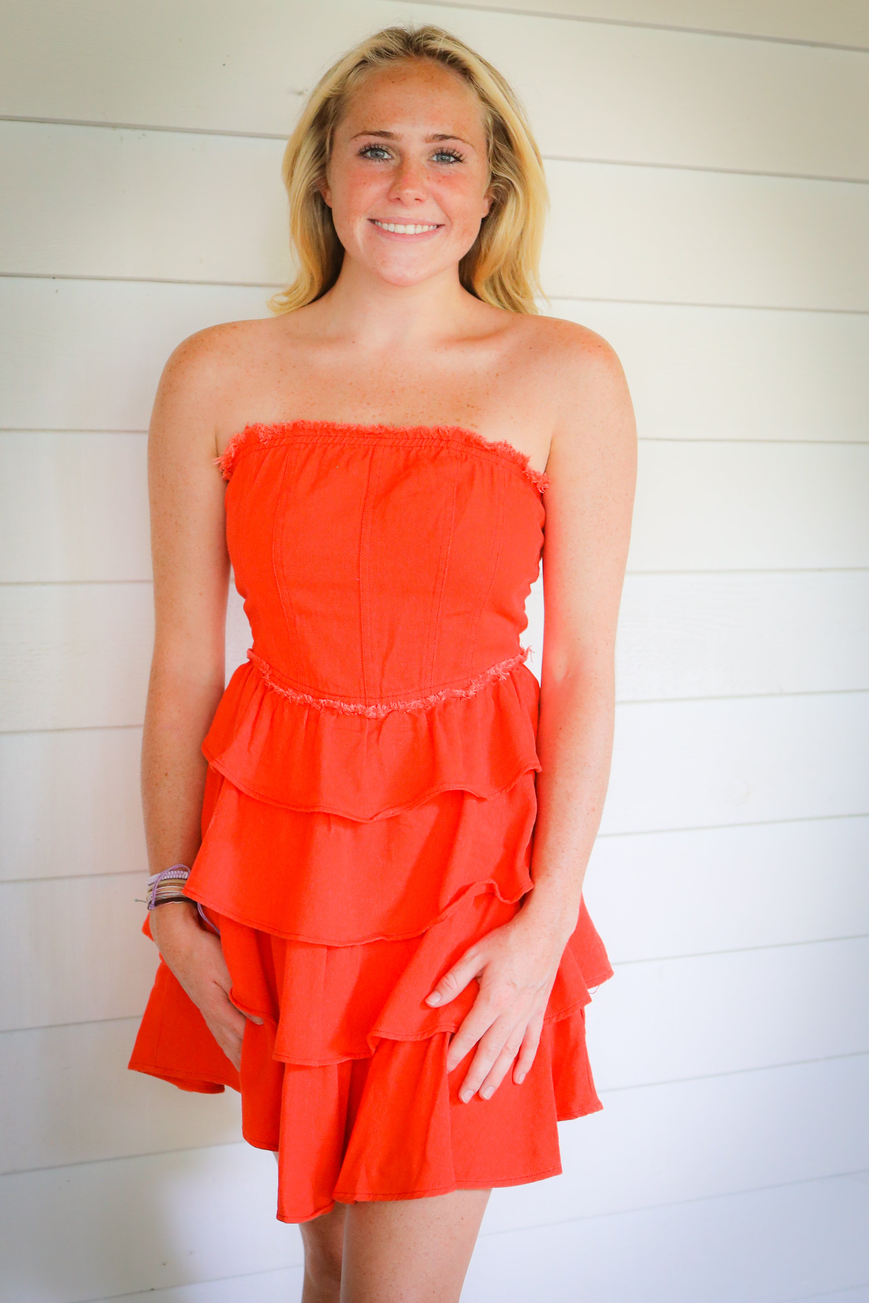orange denim dress Born This Way Ruffle Denim Dress in Coral Red Coral Red / L