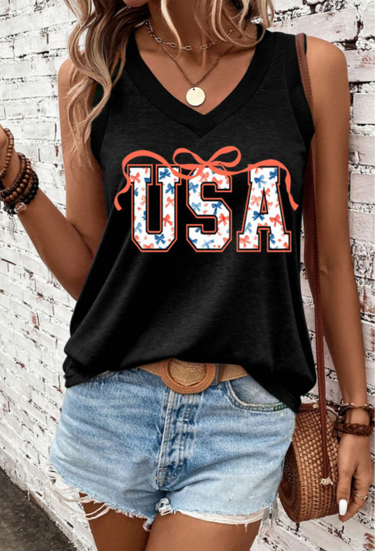 Black USA Bow Tie Print V Neck Graphic Tank Top