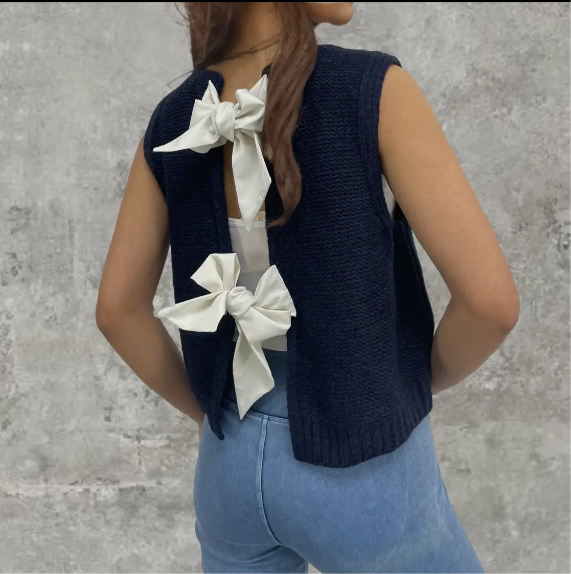 Satin Bow Tie Back Blue Knit Sweater