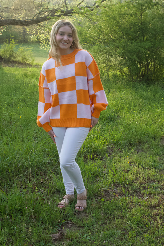 Orange and White Plaid Sweater