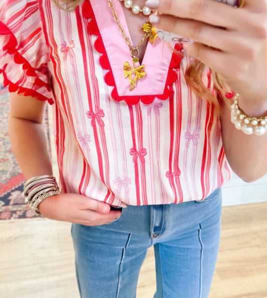 Pink Ric-rac Trin Ruffle Sleeve V Neck Bow Striped Blouse
