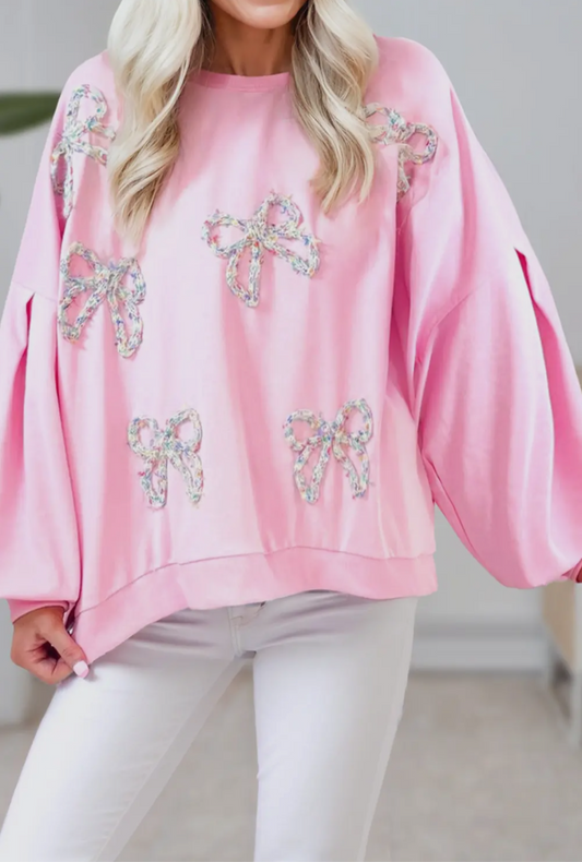 Pink Bow Trim Drop Sleeve Sweatshirt