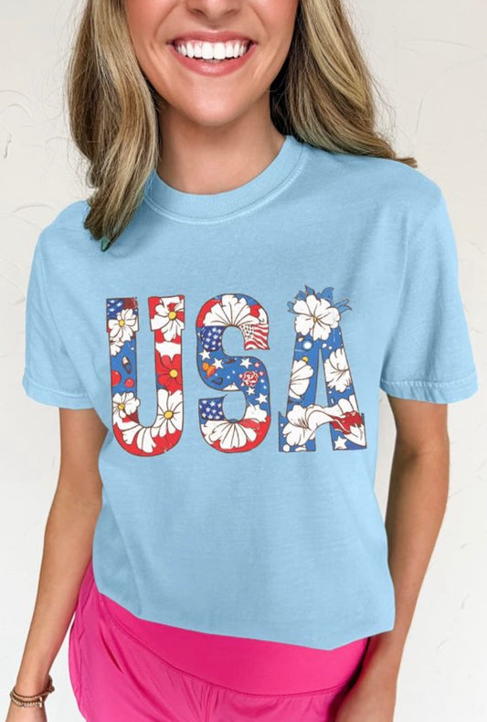 Light Blue Floral USA Letter Print T Shirt