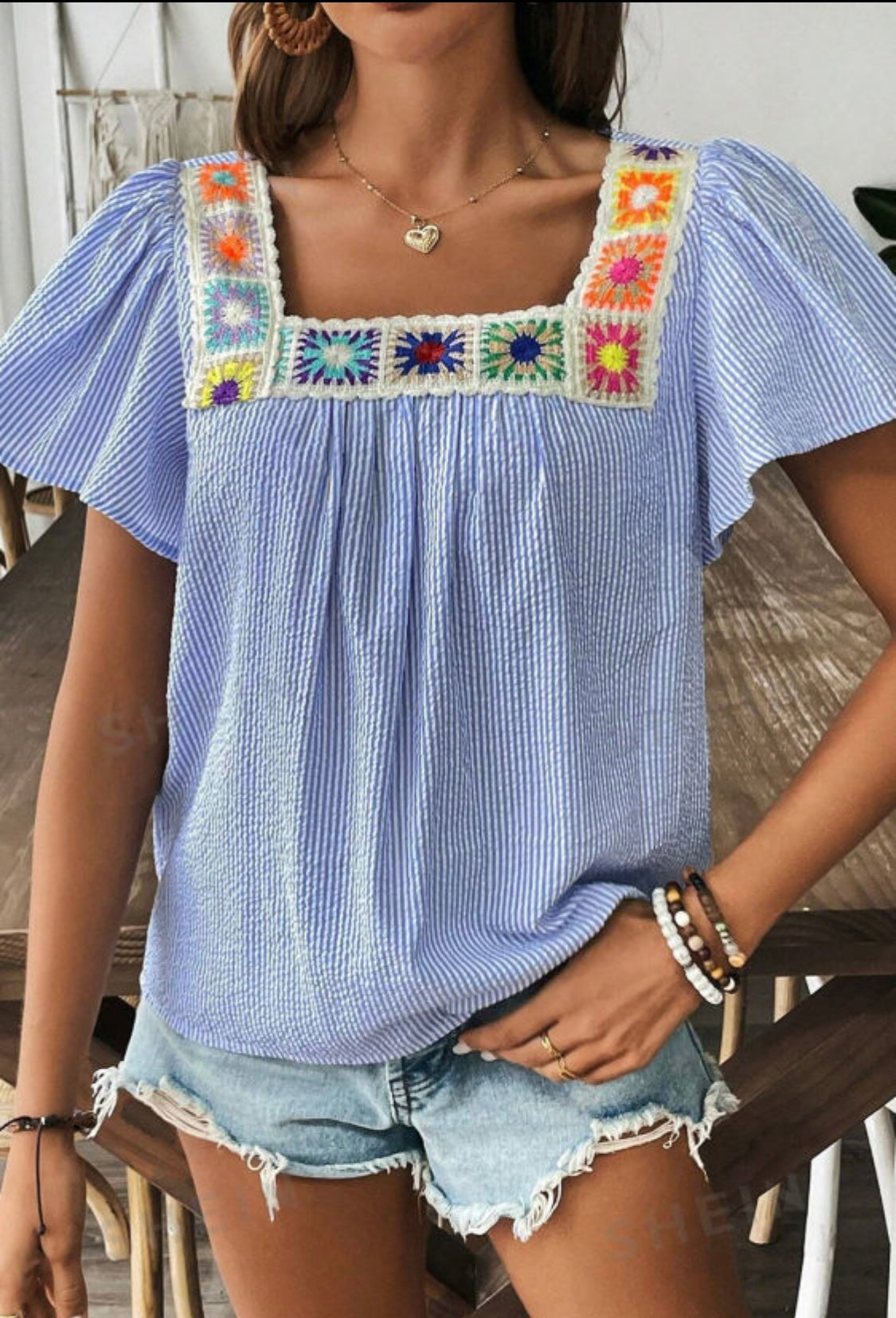 Sky Blue Stripped Crochet Applique Boho Blouse