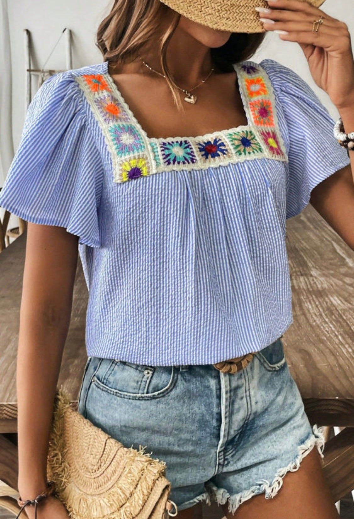 Sky Blue Stripped Crochet Applique Boho Blouse