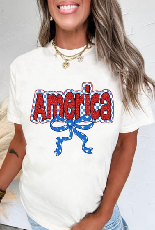 White Funky America Letter Bow Printed T Shirt