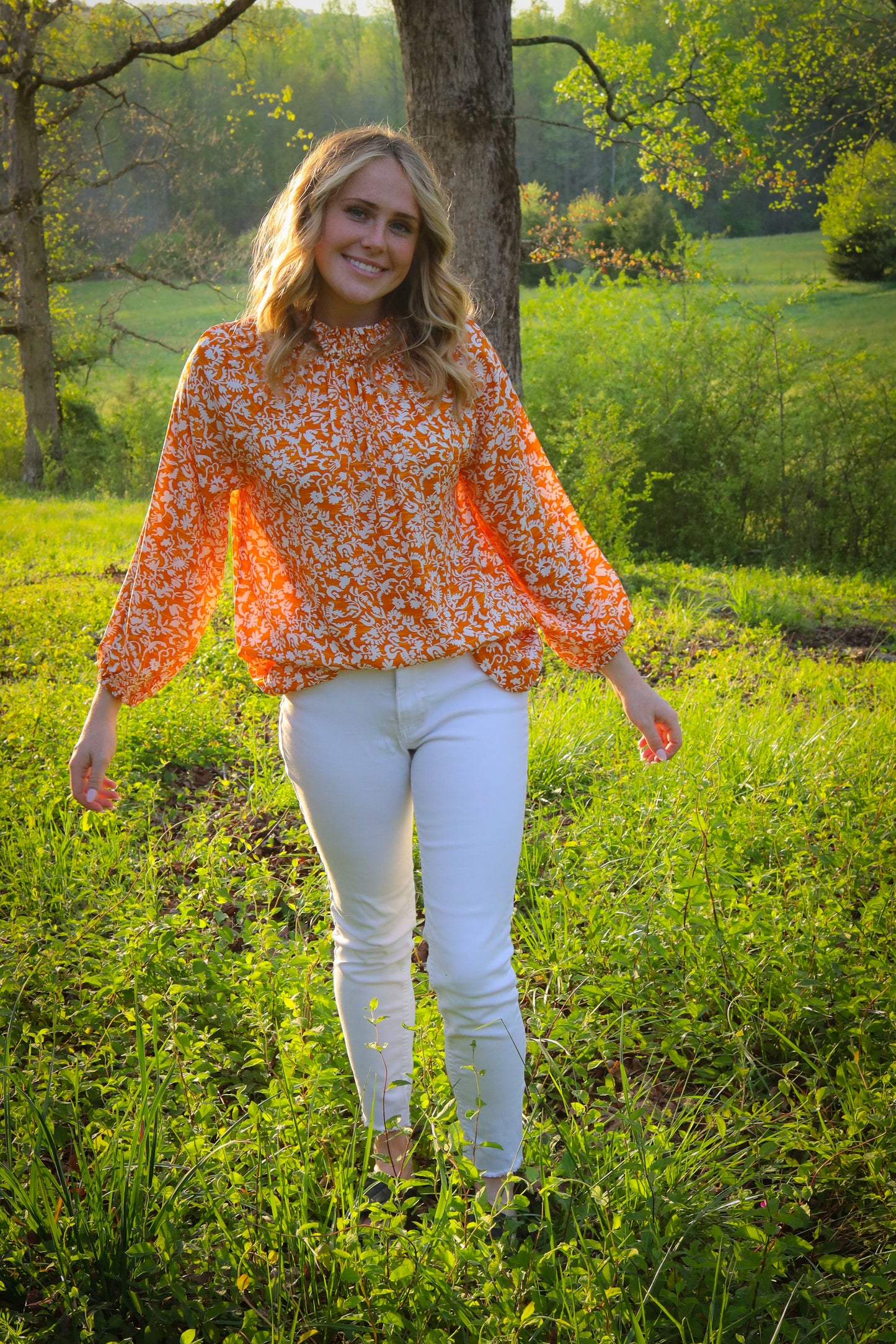 Orange Ditsy Floral Print Blouse