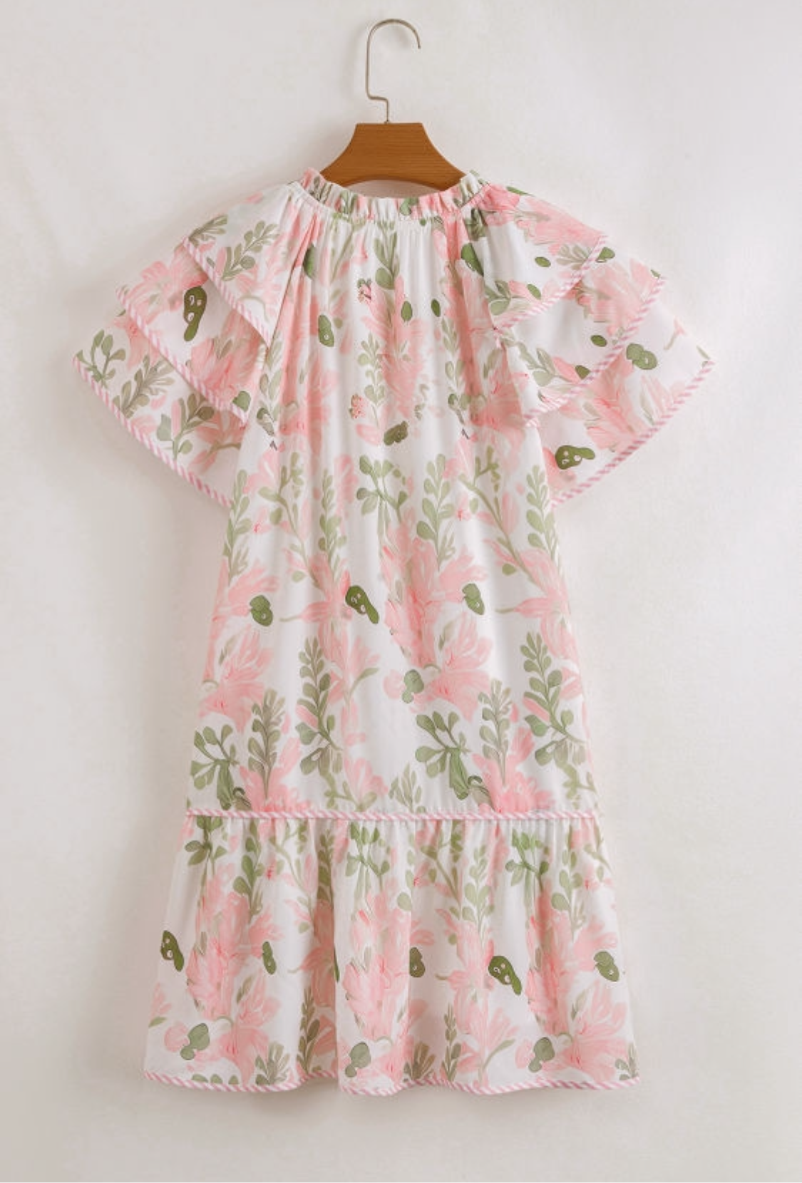 Pink Floral Contrast Edge Ruffle Sleeve Tie Neck Mini Dress