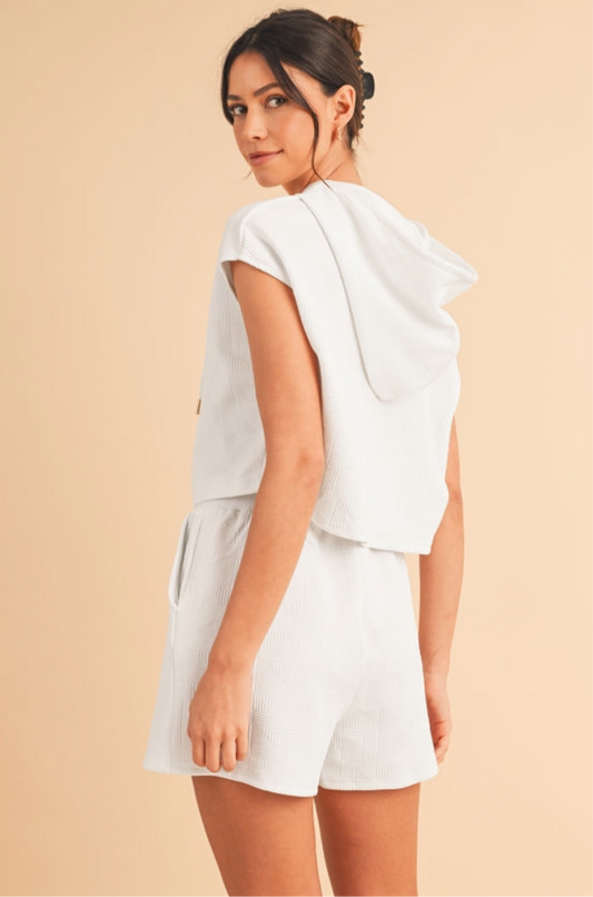 White Textured Cropped Hoodie & Pocketed Shorts Set.
