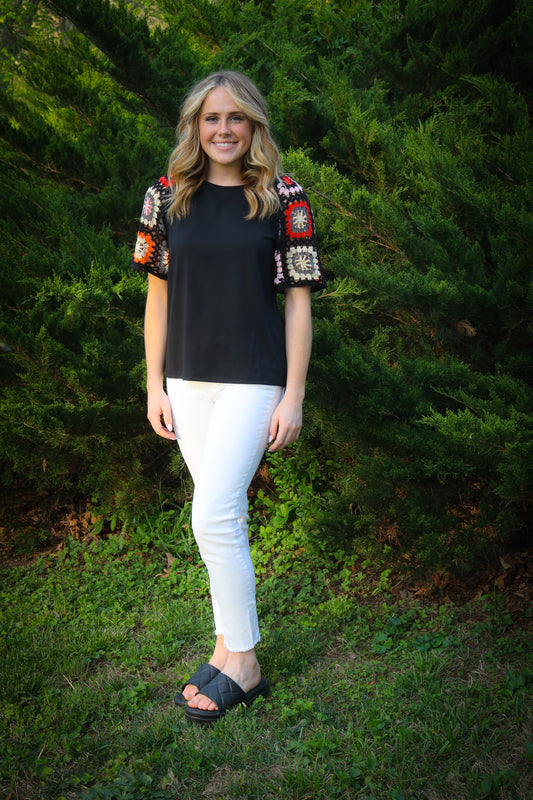 Black Floral Crochet Sleeve Top