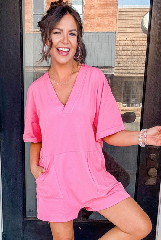 Bonbon Loose Half Sleeve V Neck Romper