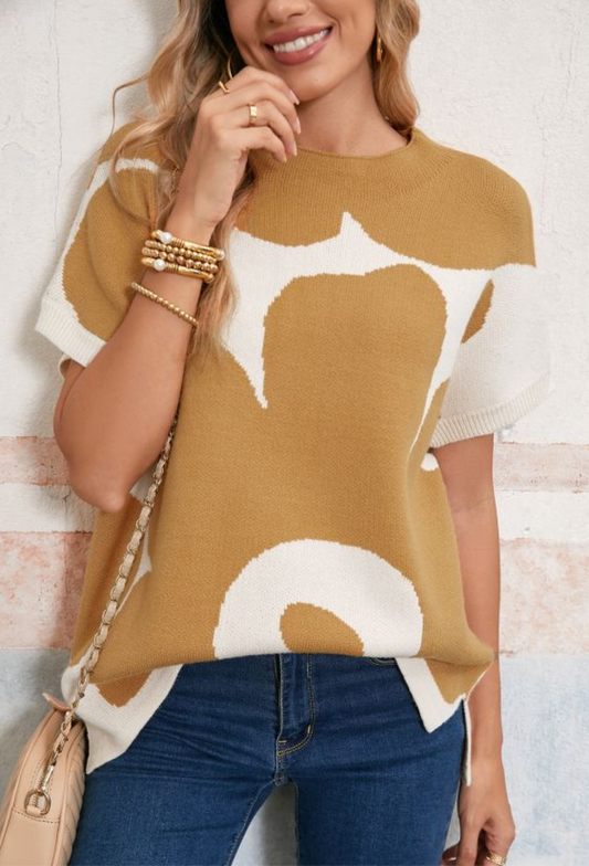 Camel Flower Print Mock Neck Knit Top