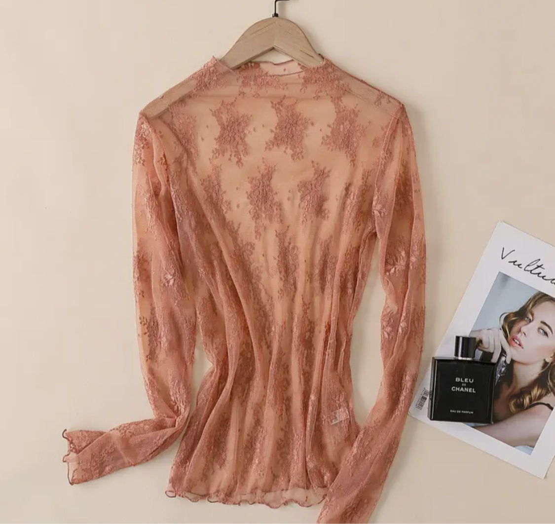 Caramel Semi sheer Mesh Floral Lace Layering Shirt