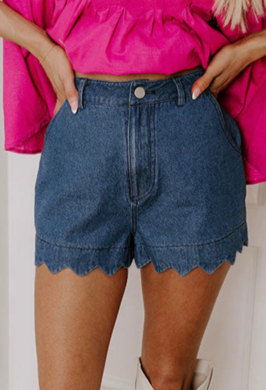 Sail Blue Scalloped Hemline Light Wash Denim Shorts