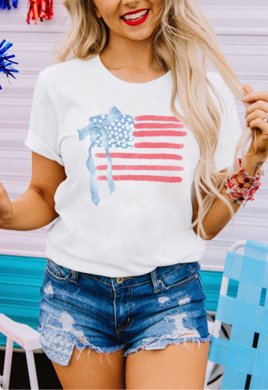 White American Flag Bowknot print Crew Neck T-Shirt