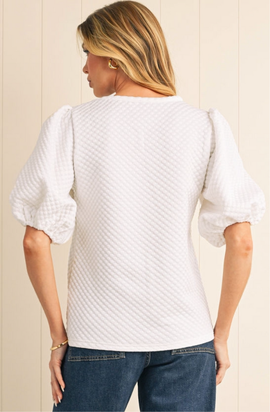 White Textured O Neck Puff Sleeve Blouse