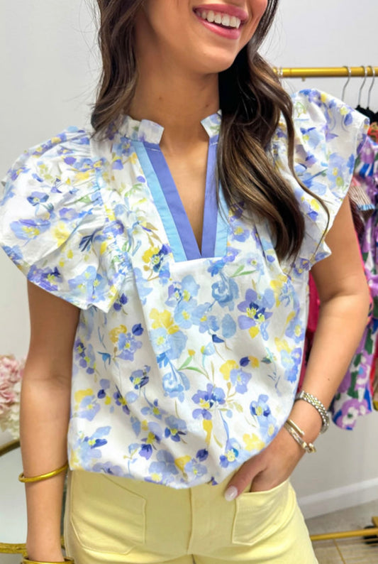 Sky Blue Floral Print Frilled Notch V Neck Blouse