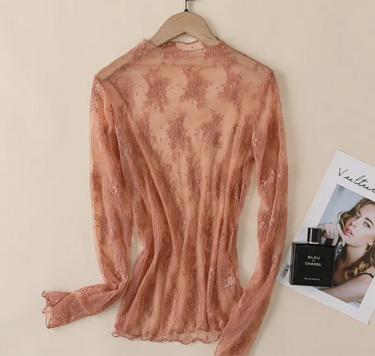 Caramel Semi sheer Mesh Floral Lace Layering Shirt