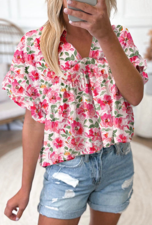 Pink Allover Flower Print V Neck Blouse