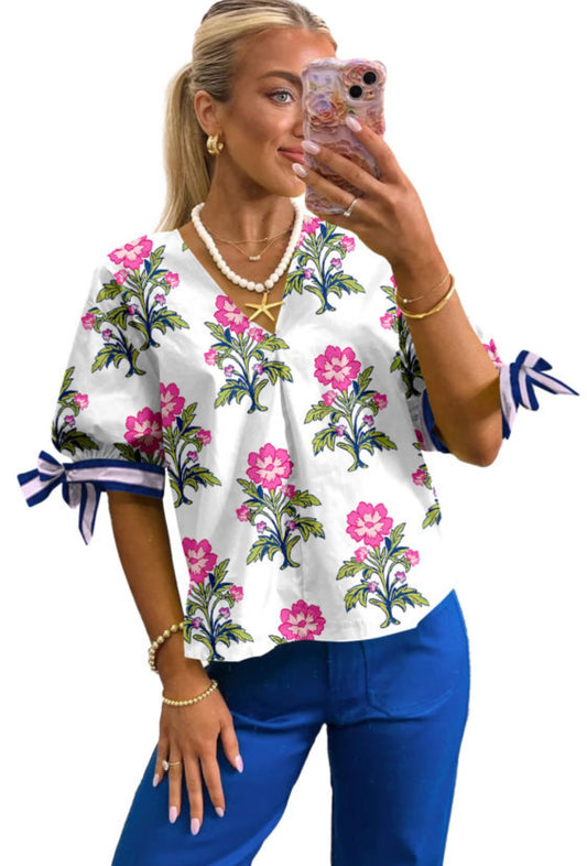 White Floral Print Knot Bubble Sleeve V Neck Blouse