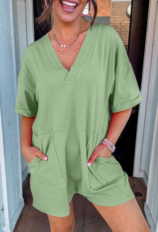 Grass Green Loose Half Sleeve V Neck Plain Romper