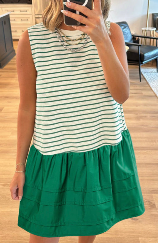 Green Striped Woven Ruffled Sleeveless Mini Dress