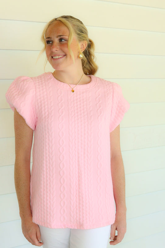 Pink Textured Puff-Sleeve Top