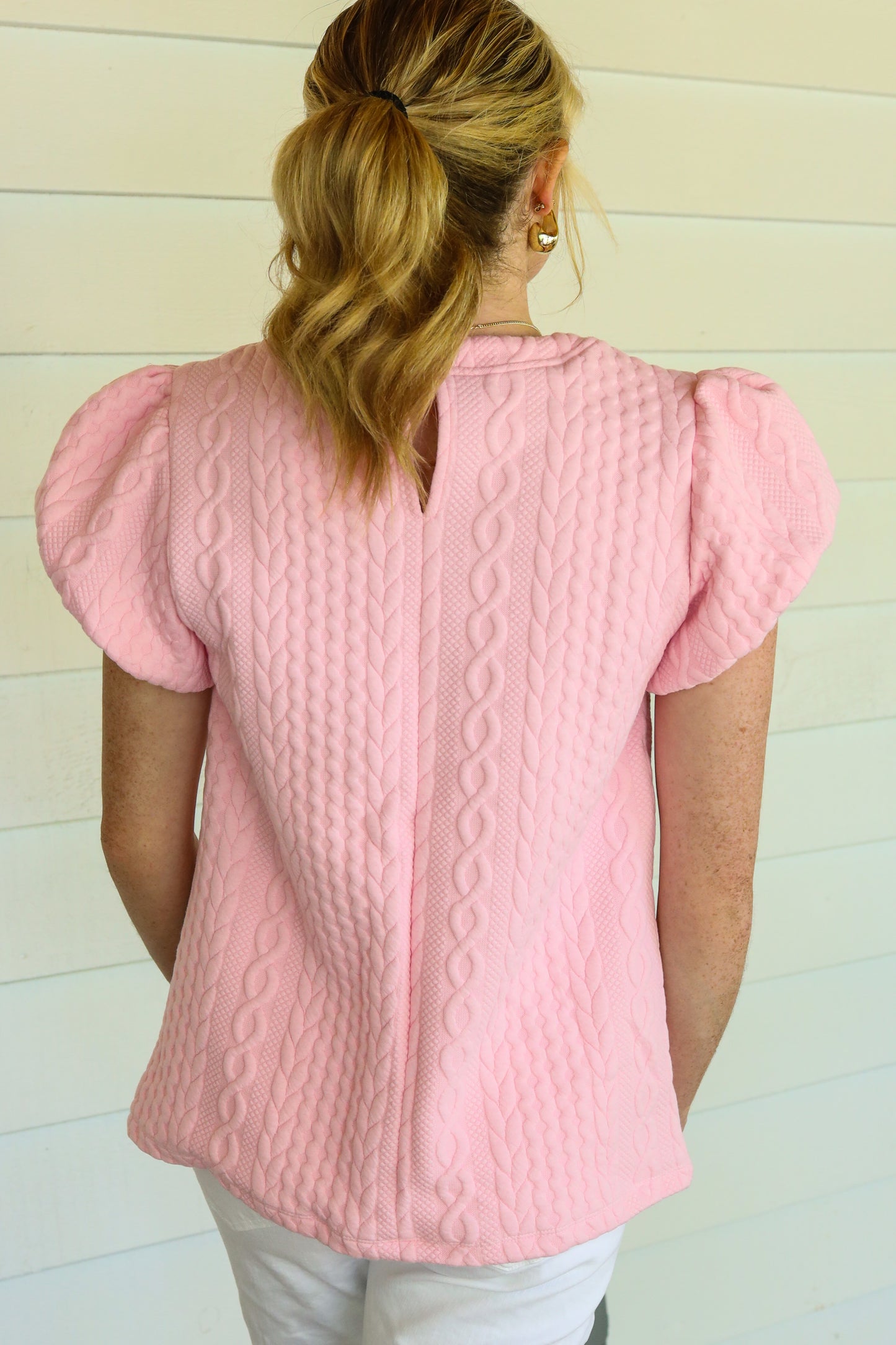 Pink Textured Puff-Sleeve Top