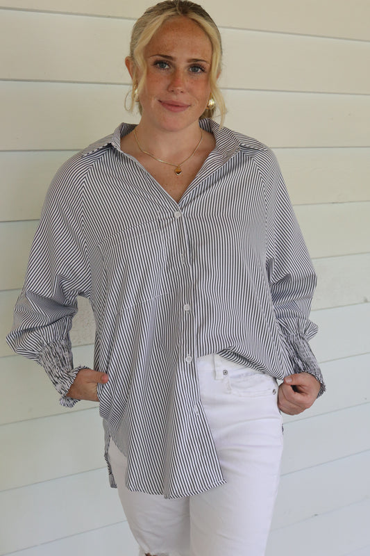 Black Striped Long-Sleeve Button Up Blouse