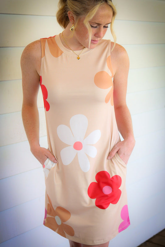 Apricot Flower Print Sleeveless Mini Dress