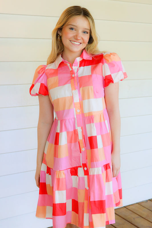 Pink Colorblock Puff Sleeve Tiered Mini Dress