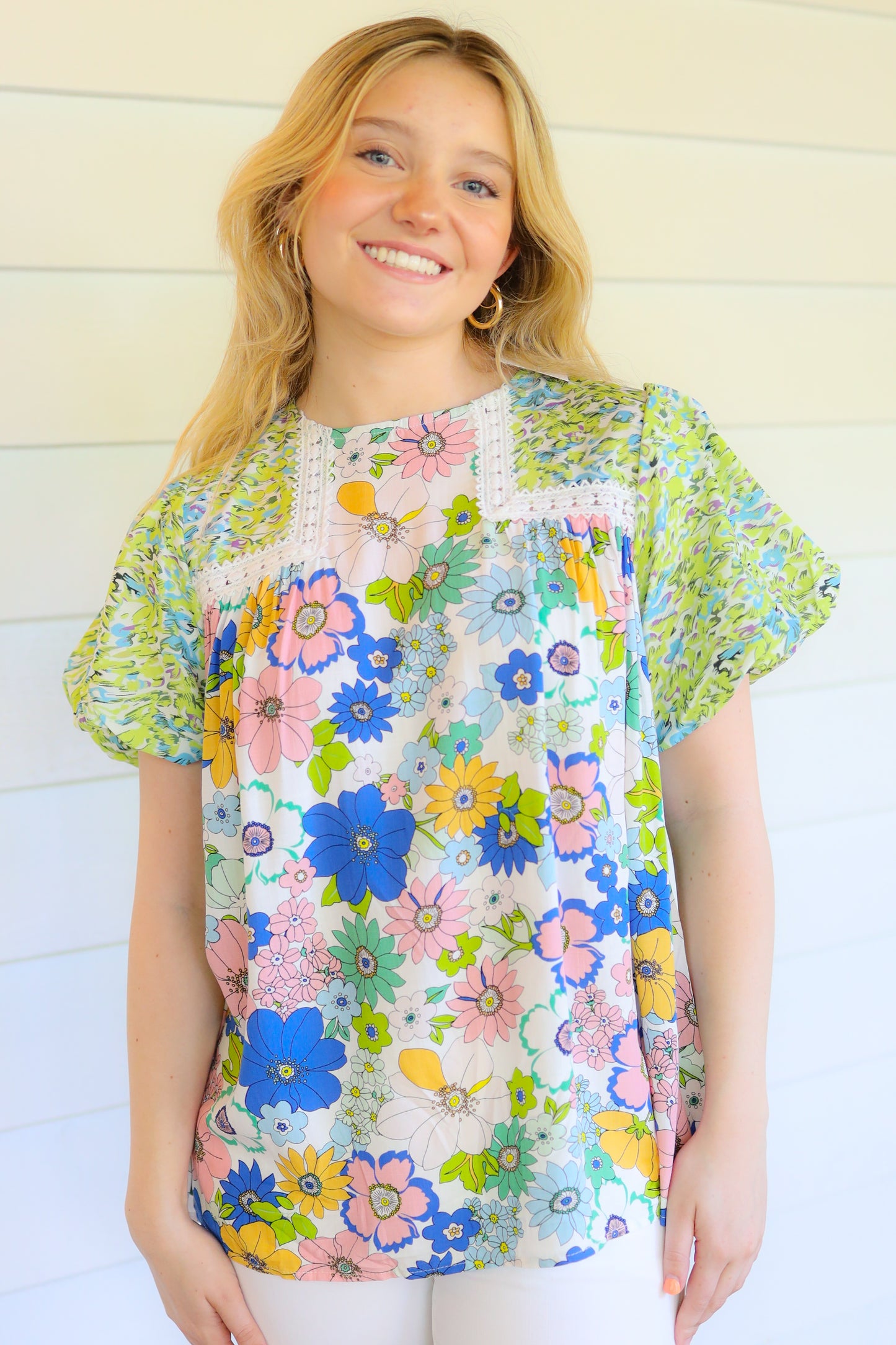 Green Bubble Sleeve Floral Print Top