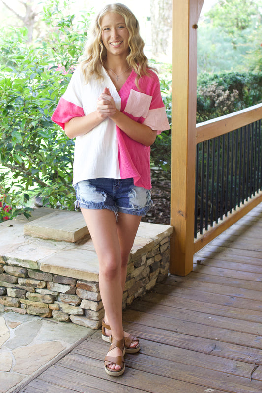 Pink and White Short-Sleeve Top